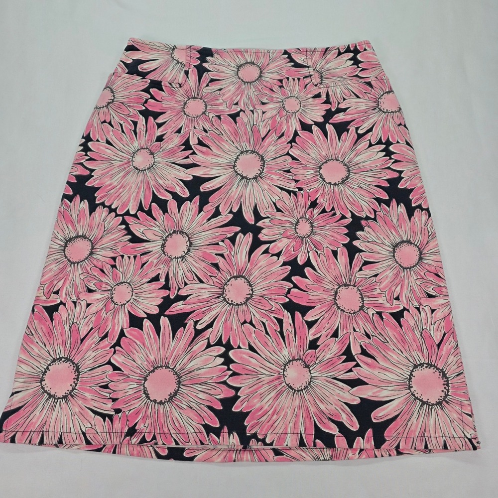 Talbots Pink Daisy Floral Print A-Line Stretch Skirt Size 6 Navy Blue Summer